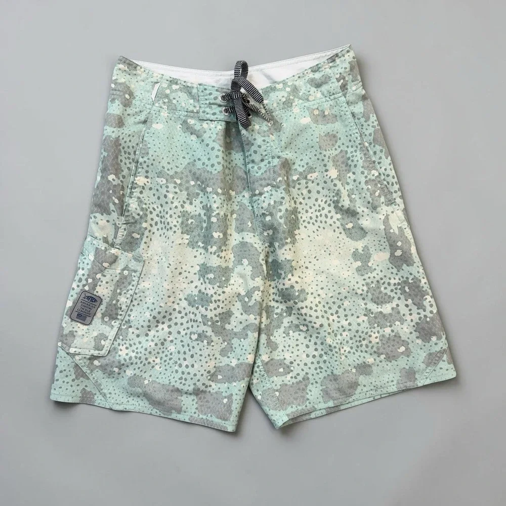 Aftco Swim Trunks Shorts‎ Size 28 Stretch Drawstring green Snake Skin Camouflage